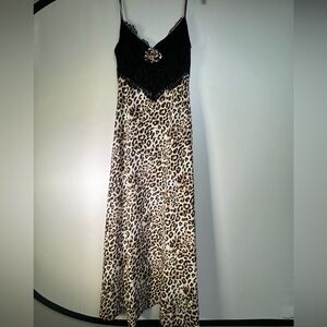Wayf Animal Print Slip Dress with Black Lace